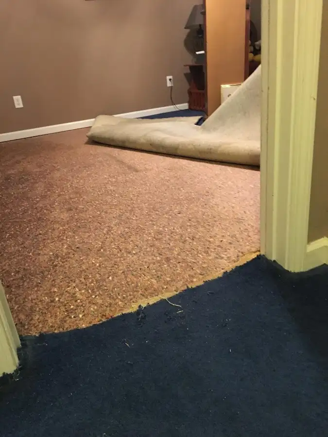 Carpet pad removal revealing water damage during Drying & Dehumidification in Brushy Creek